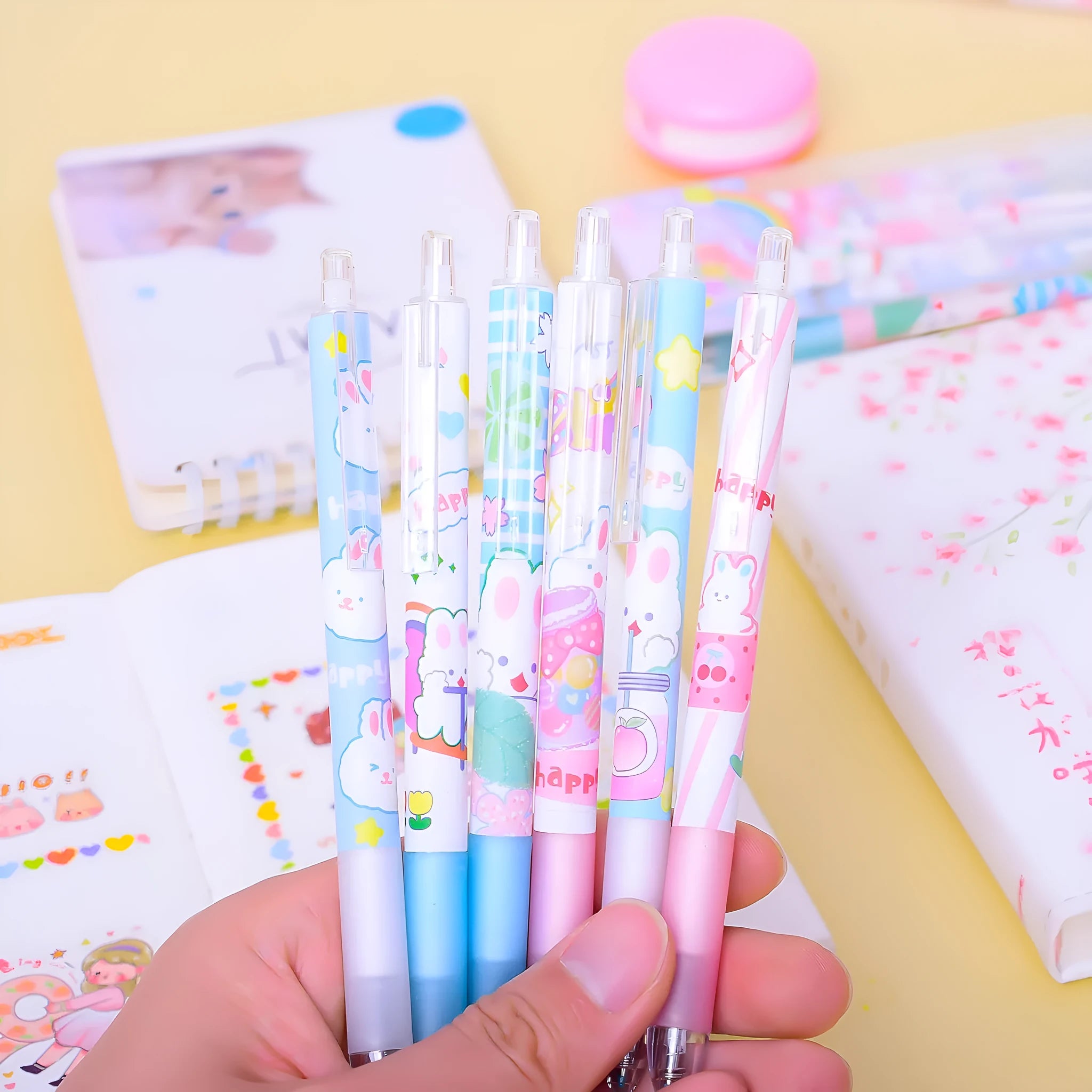 Pack of six black ink pens with cartoon bunny design and 0.5mm fine tips.
