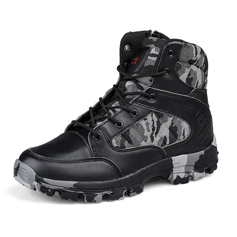 Men's high-top hiking shoes in black camouflage with artificial PU upper and metal element detail