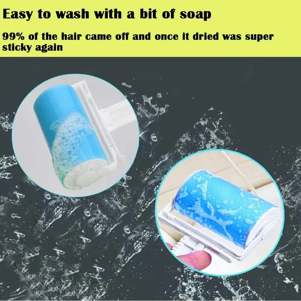 Blue reusable washable lint roller with cover for removing pet hair from clothes.