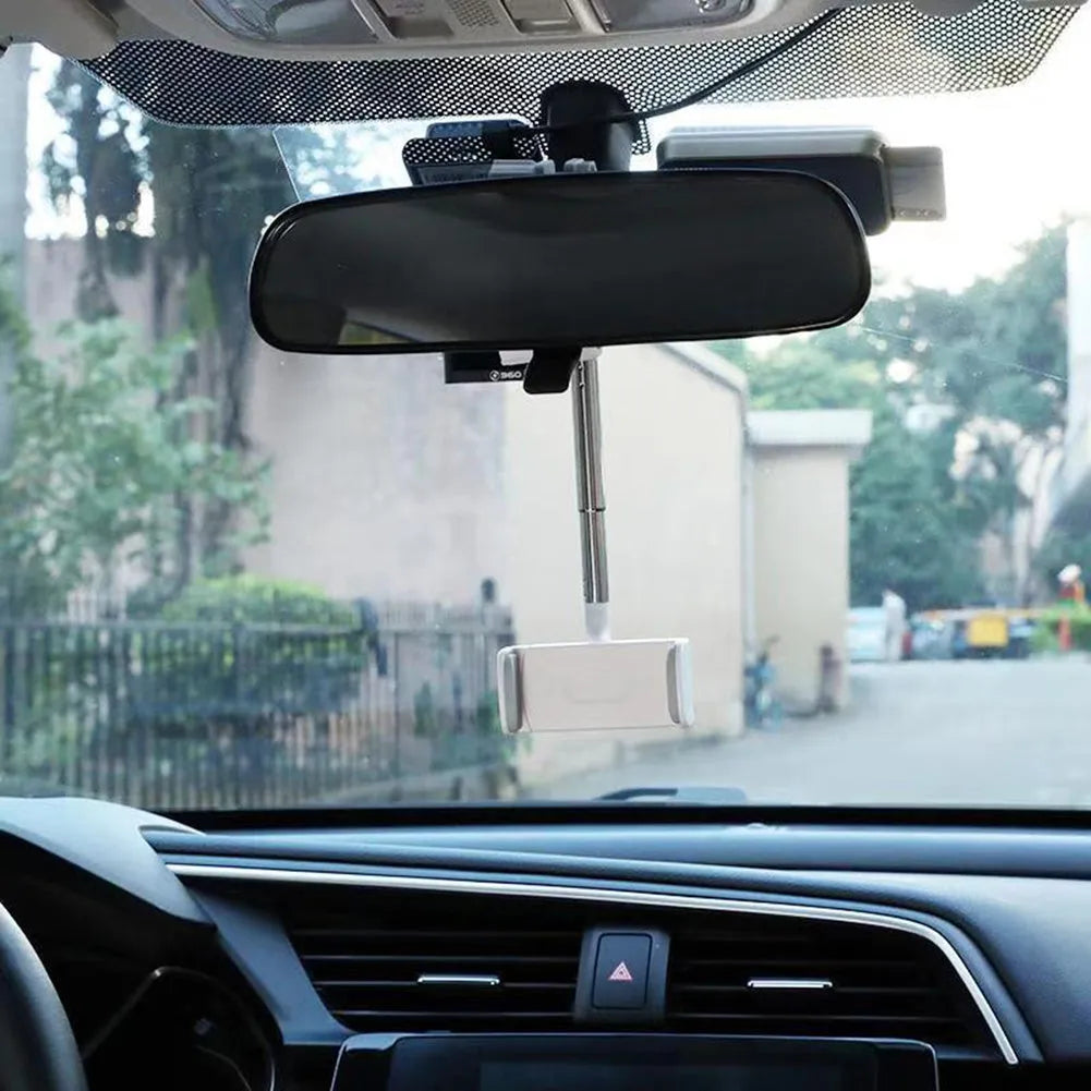 ABS and metal car rearview mirror phone holder with 360 rotation and snap buckle, holding a smartphone in place