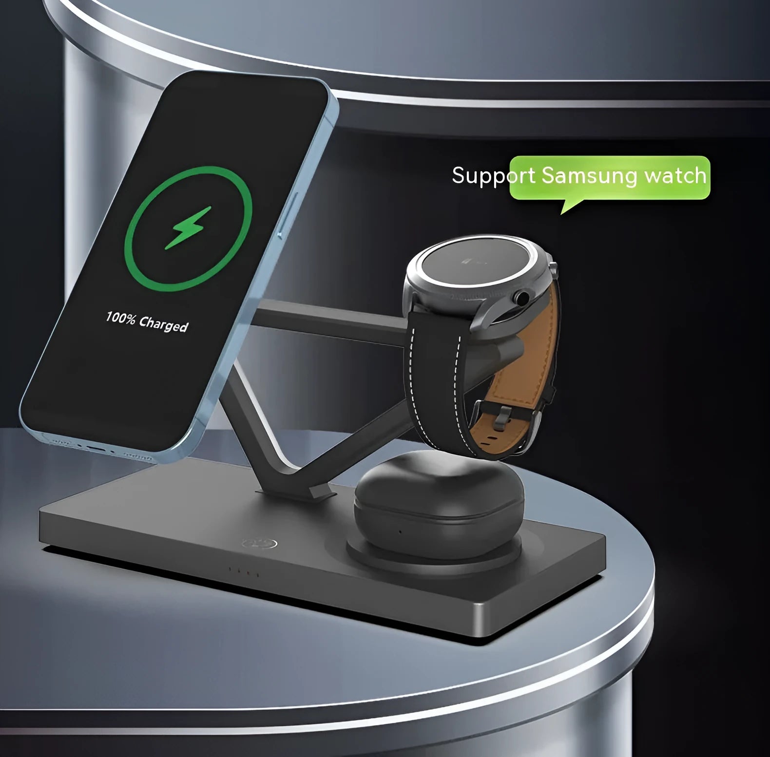 Black and white five-in-one wireless charging night lamp with magnetic phone bracket and circular base.
