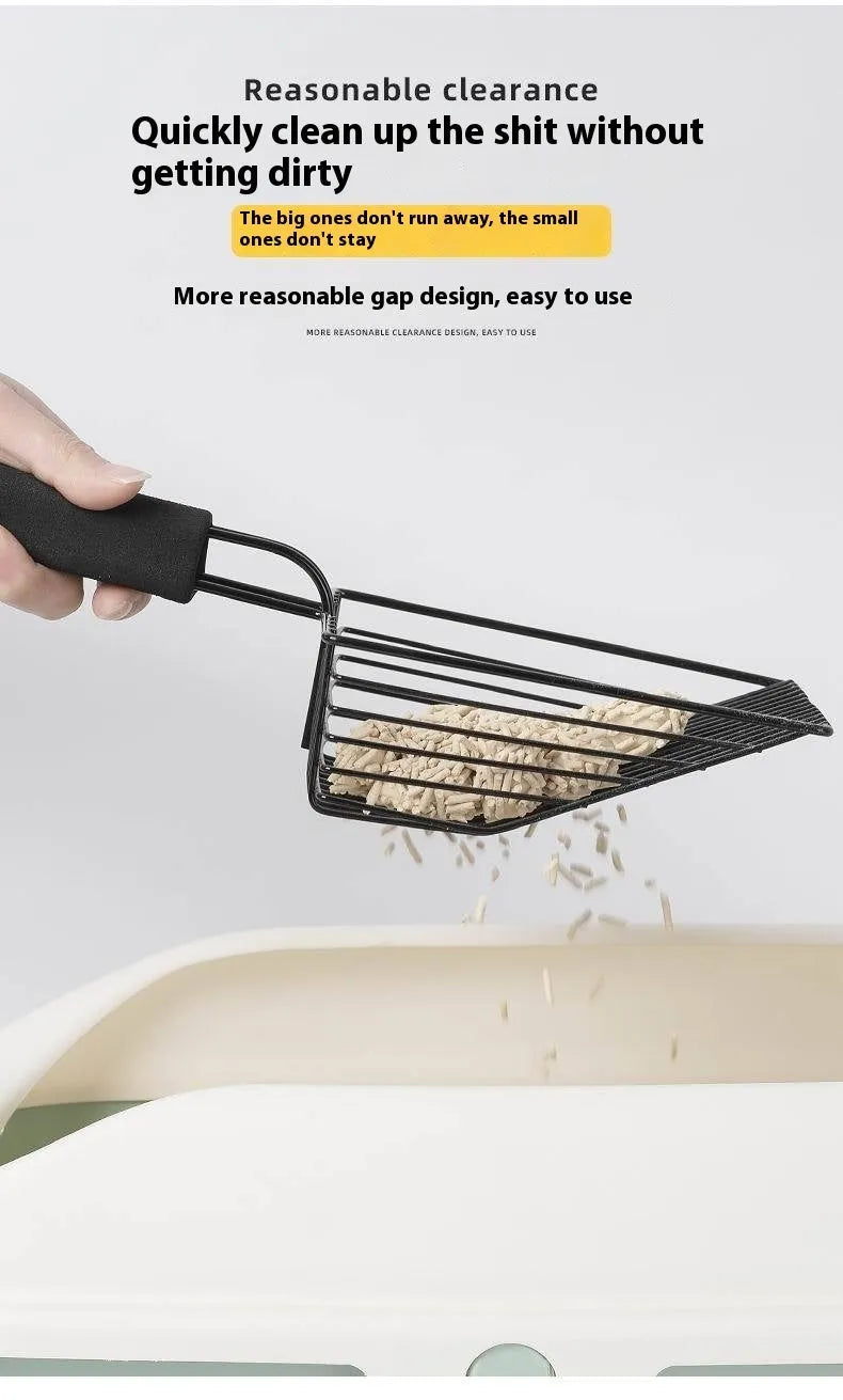 Black alloy metal cat litter scoop with 0.8cm gap spacing for pet waste cleaning
