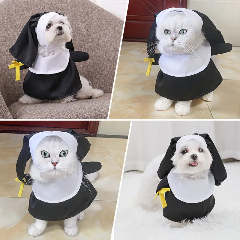 Black polyester nun pet costume for cats and dogs, free size, Halloween dress-up