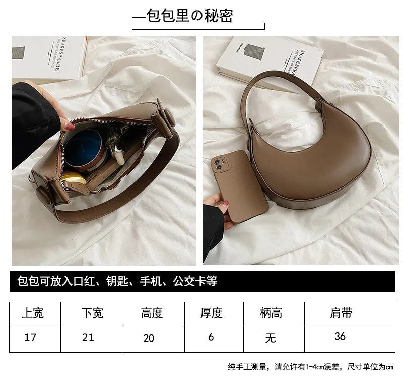 Retro dumpling-shaped women's PU leather shoulder bag in black with sandwich pockets