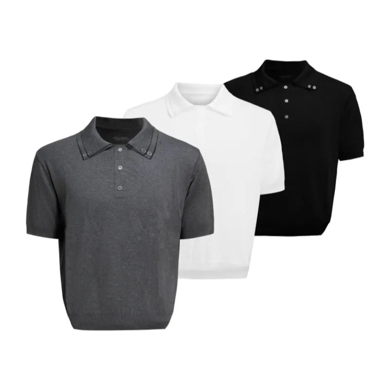 Men's double lapel collar short sleeve shirt in slim knit polyester construction