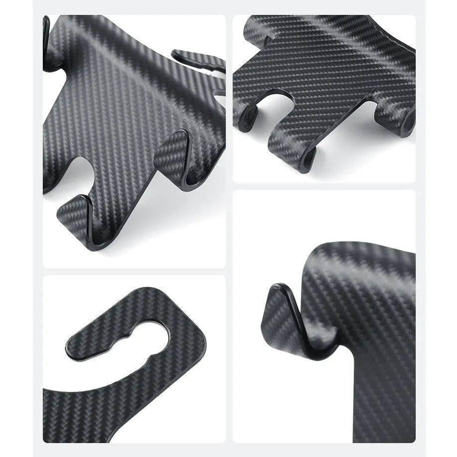 Black ABS plastic car seat back hook with integrated mobile phone holder bracket.