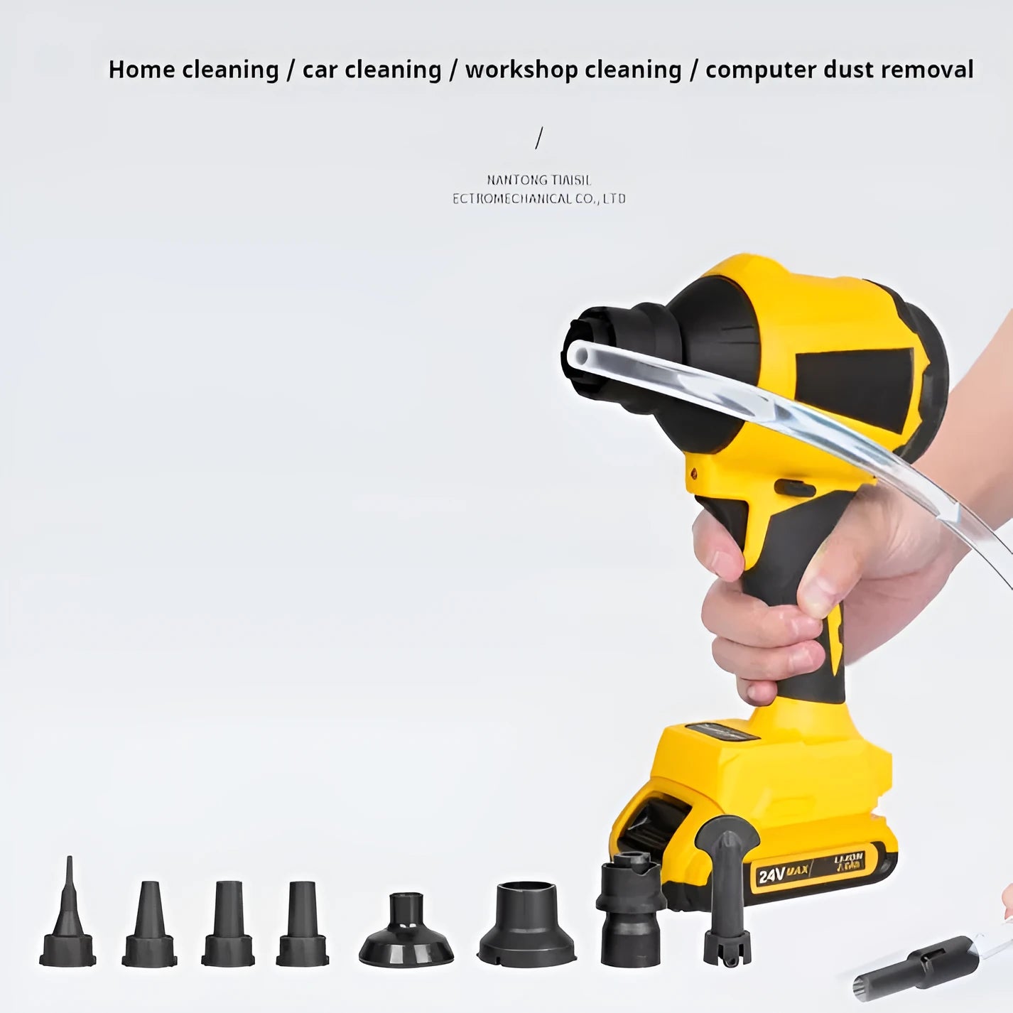 Yellow cordless dust gun with 680W power rating and 18V lithium battery for office cleaning applications