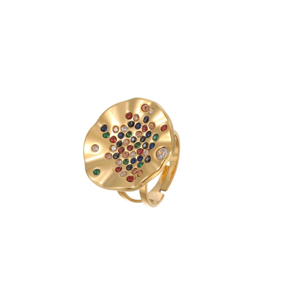 Geometric pleated stainless steel ring with colourful inlaid crystals on an adjustable open band.