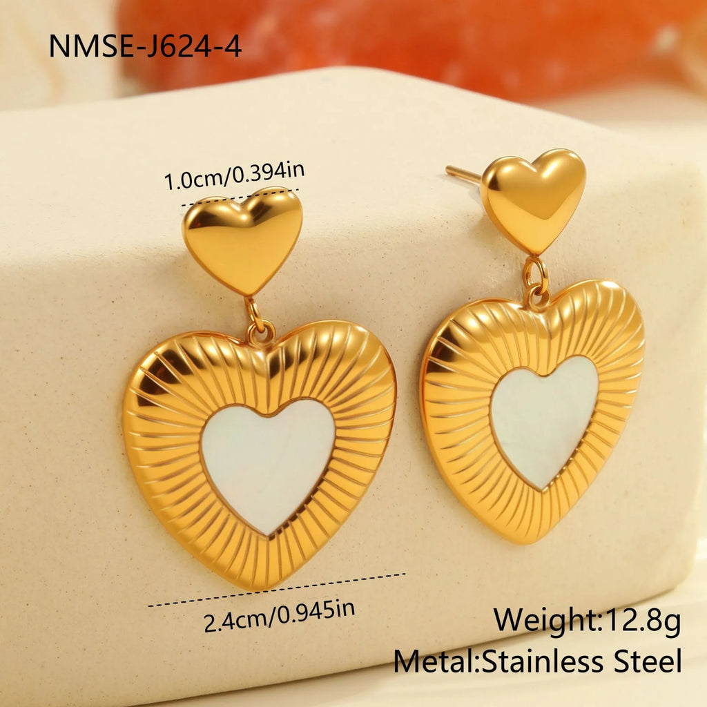 Heart-shaped fritillary earrings with stainless steel construction and 18K gold electroplated finish