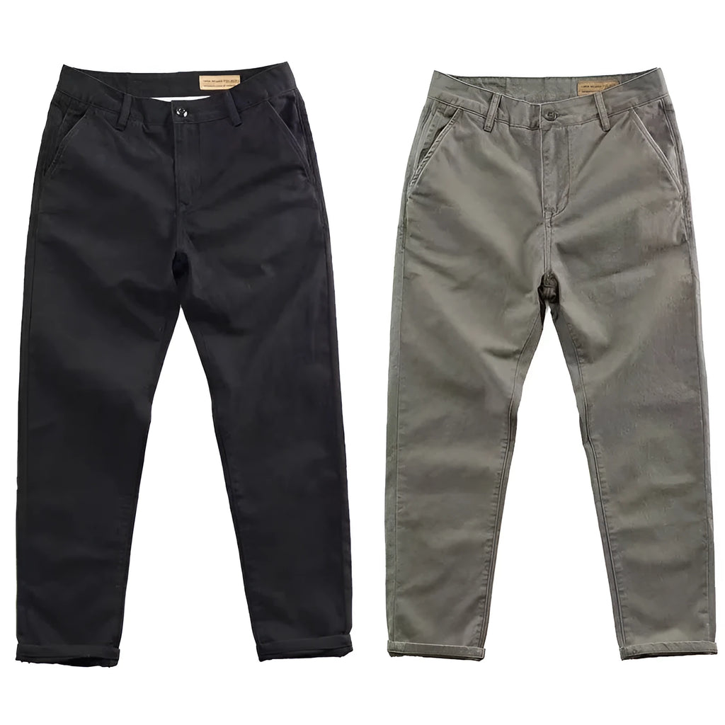 Men's micro elastic high-density slim washed straight-leg trousers in khaki, size M to 4XL