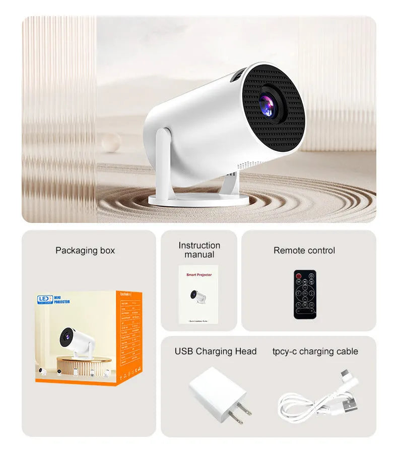 White mini wireless portable projector displaying HD content on wall