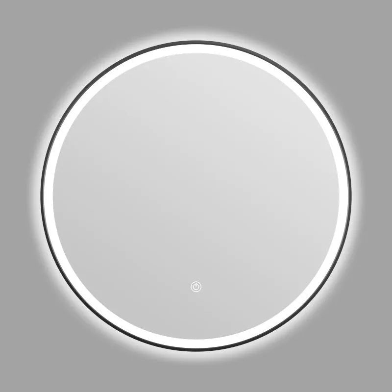 Round black aluminium frame LED bathroom mirror with touch control dimming lights.