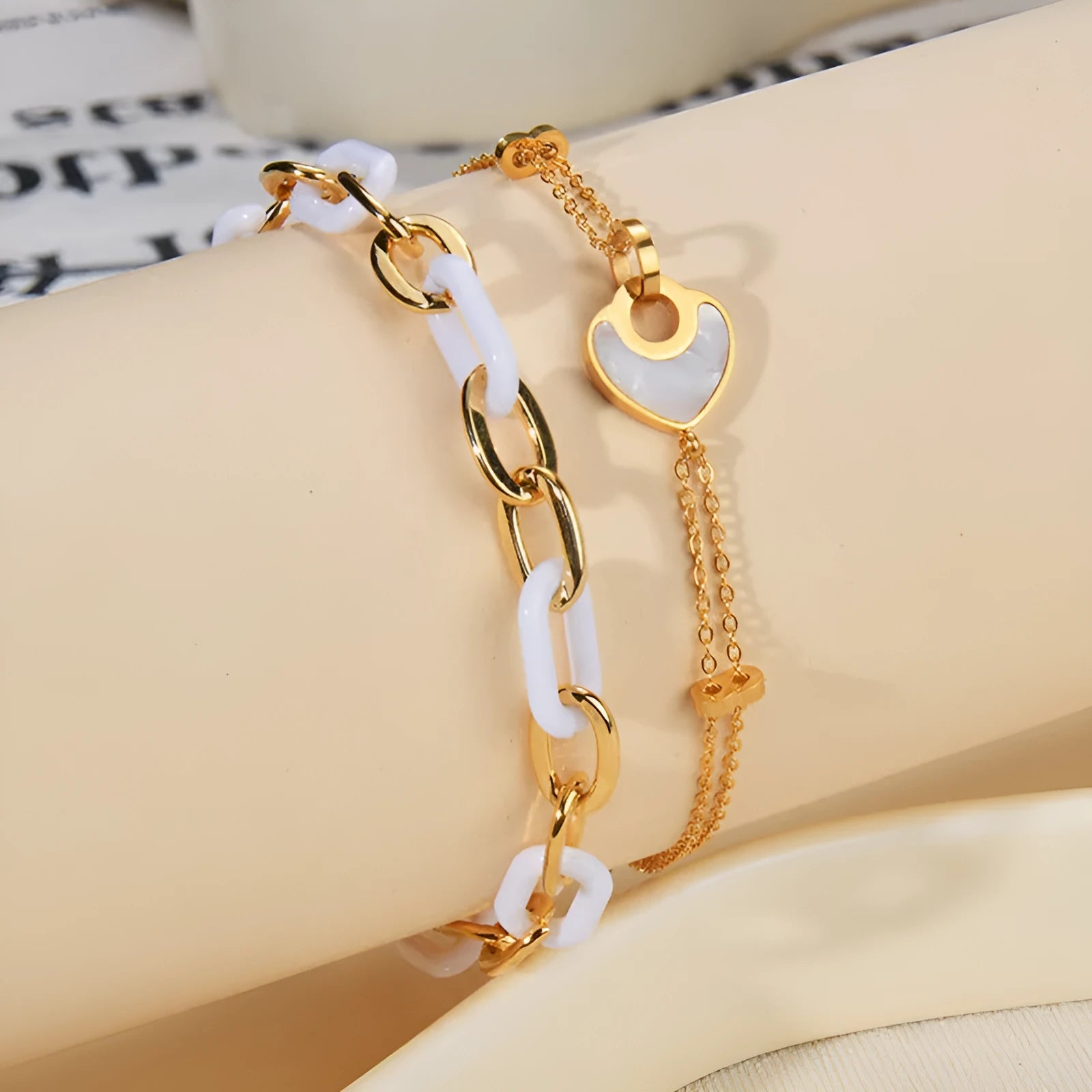 Women's stainless steel resin bracelet with double layered loving heart design in electroplated finish