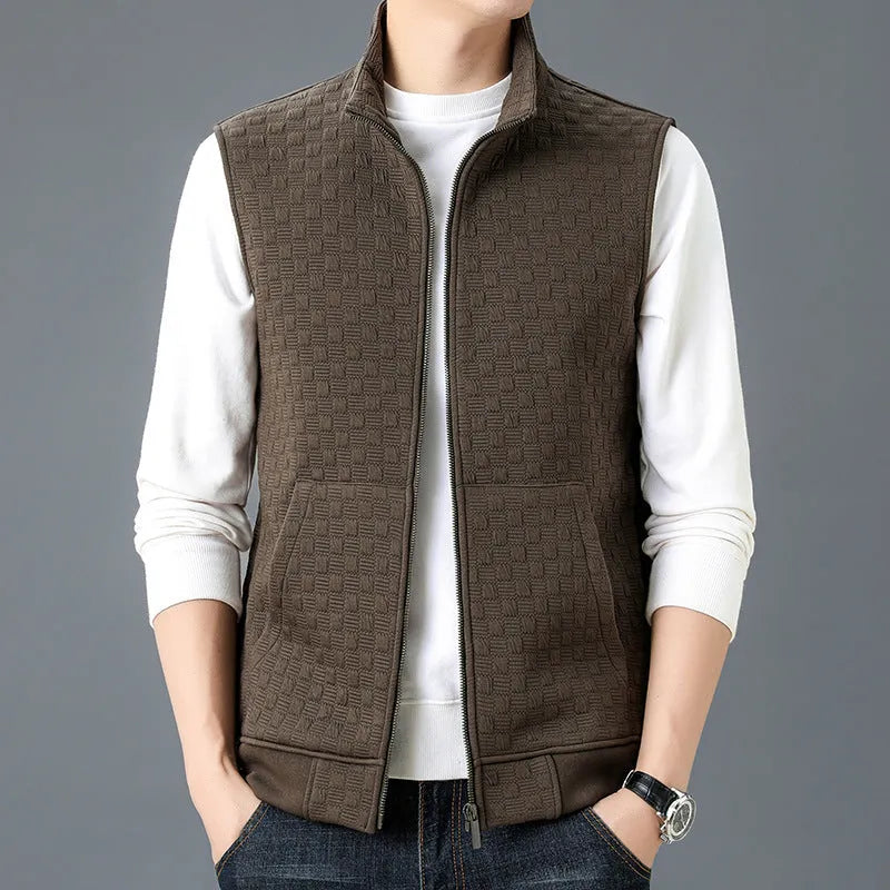Casual sleeveless waistcoat cardigan in polyester blend available in black, brown, khaki, and grey colours