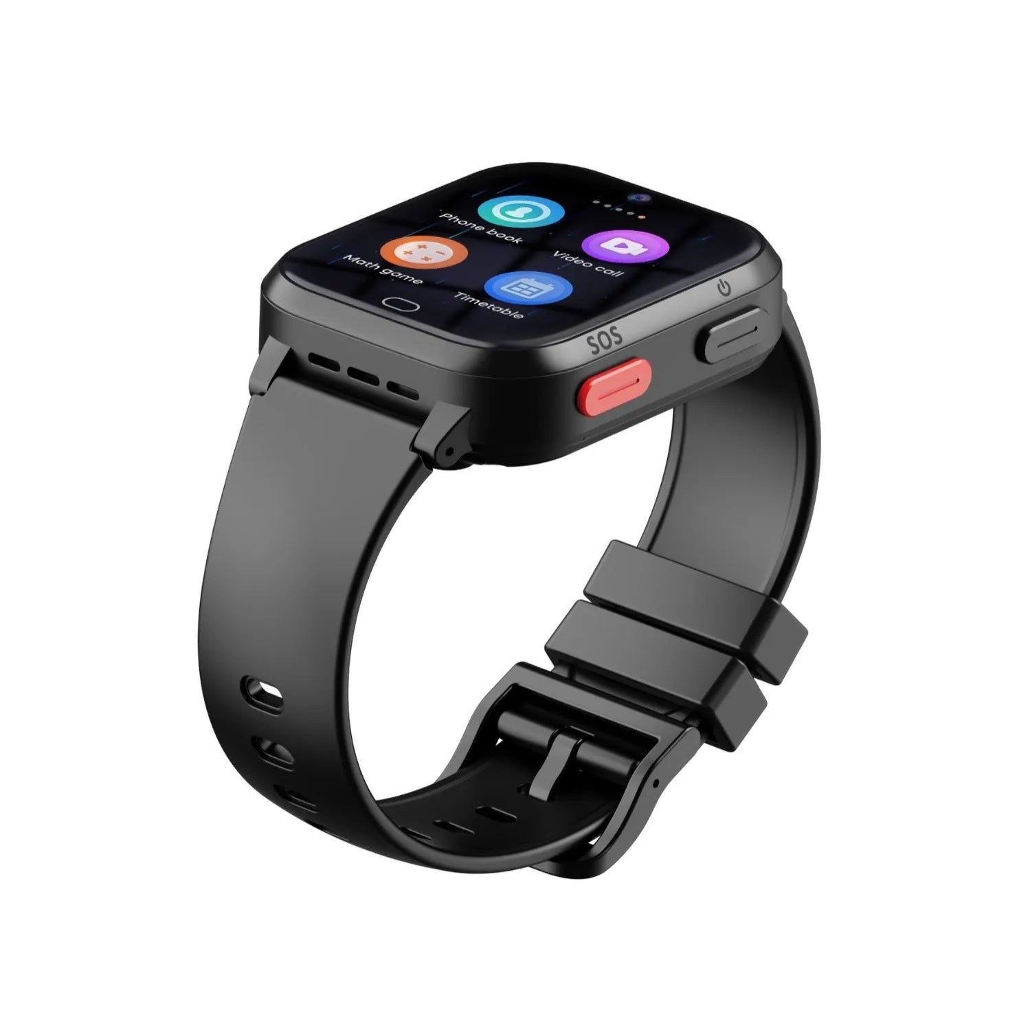 Child smart phone watch in black with 1.83-inch screen and wrist strap, 4G waterproof, ABS material