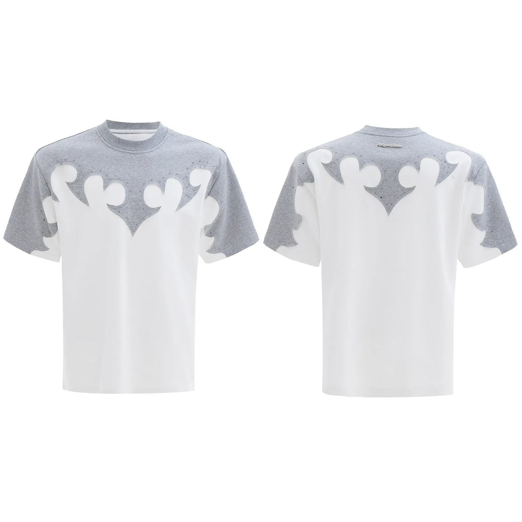 Men's loose fit T-shirt with burnt flower stitching and rhinestone detail on heavyweight cotton fabric