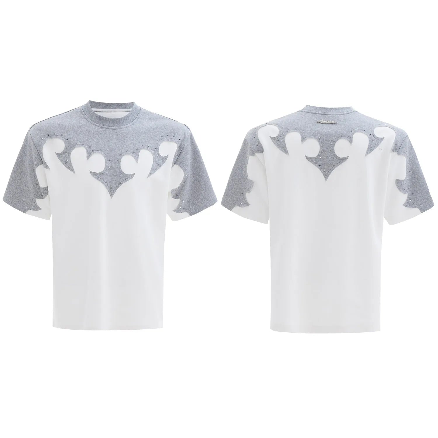 Men's loose fit T-shirt with burnt flower stitching and rhinestone detail on heavyweight cotton fabric
