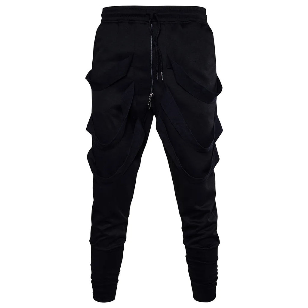Low crotch cross pants for men in black with tapered leg and small foot opening