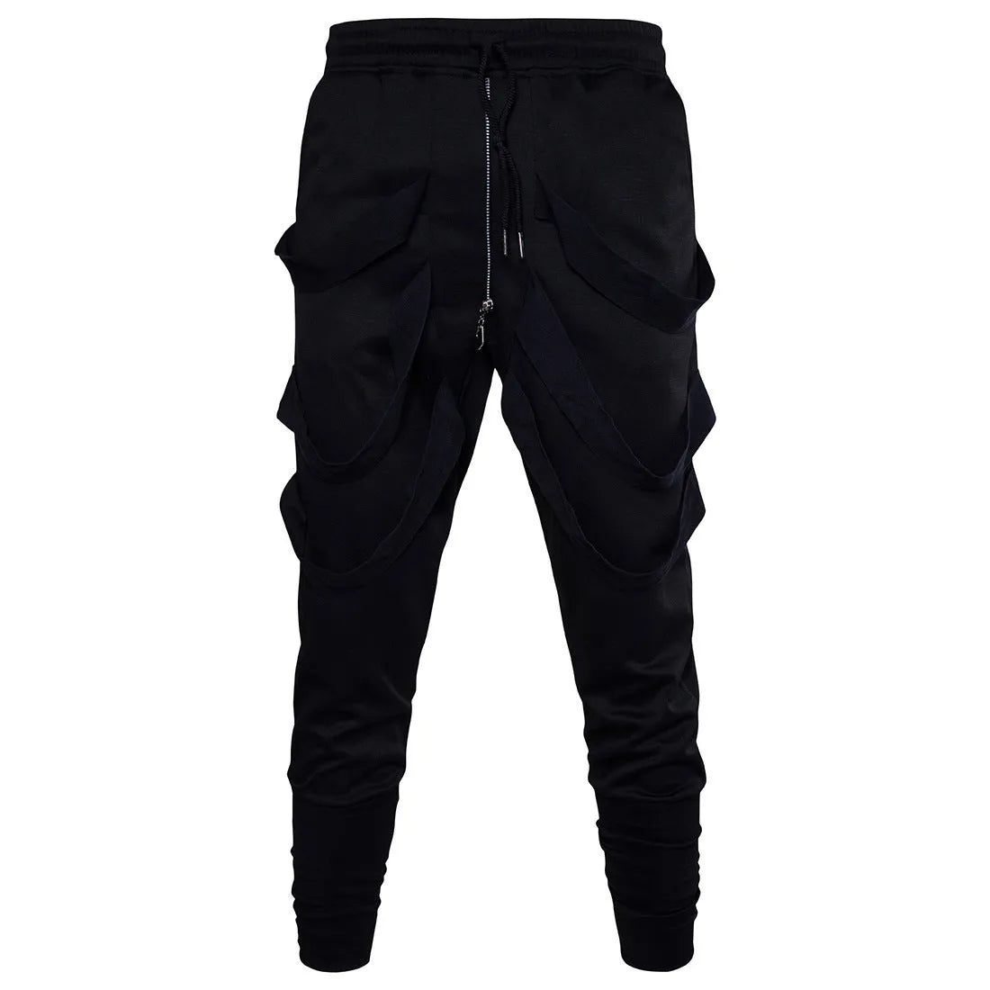 Low crotch cross pants for men in black with tapered leg and small foot opening