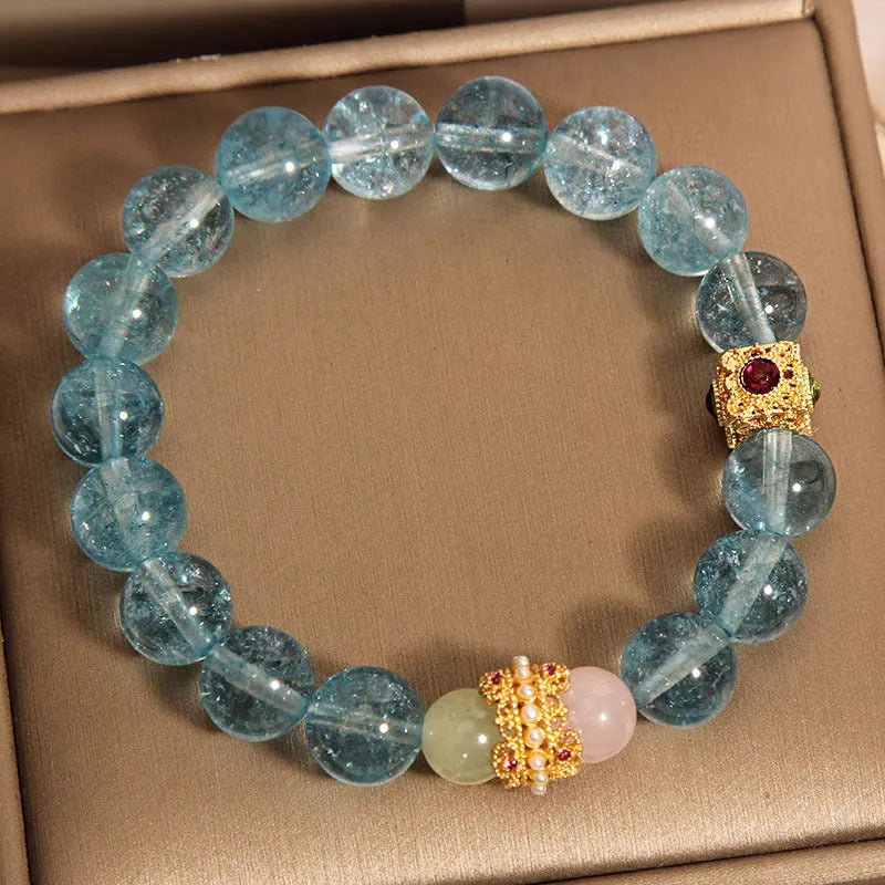 Natural crystal bracelet for women with blue cube sugar and colourful stone beads on flexible ring
