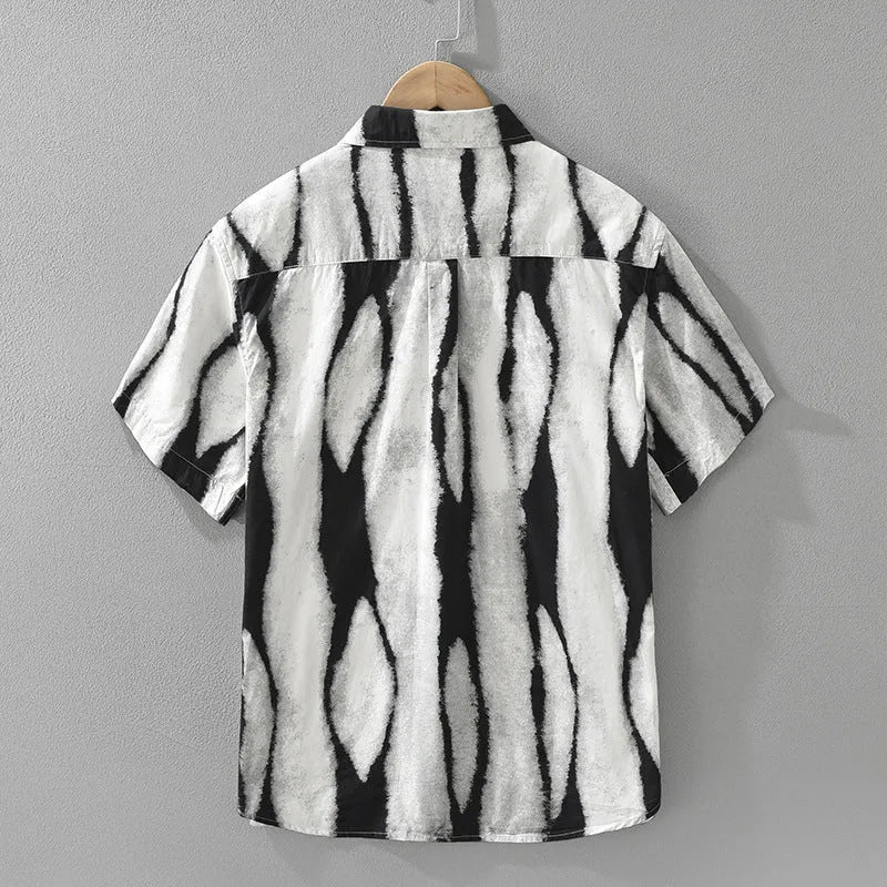 Retro striped short sleeve cardigan shirt in pure cotton fabric available in black and brown colours