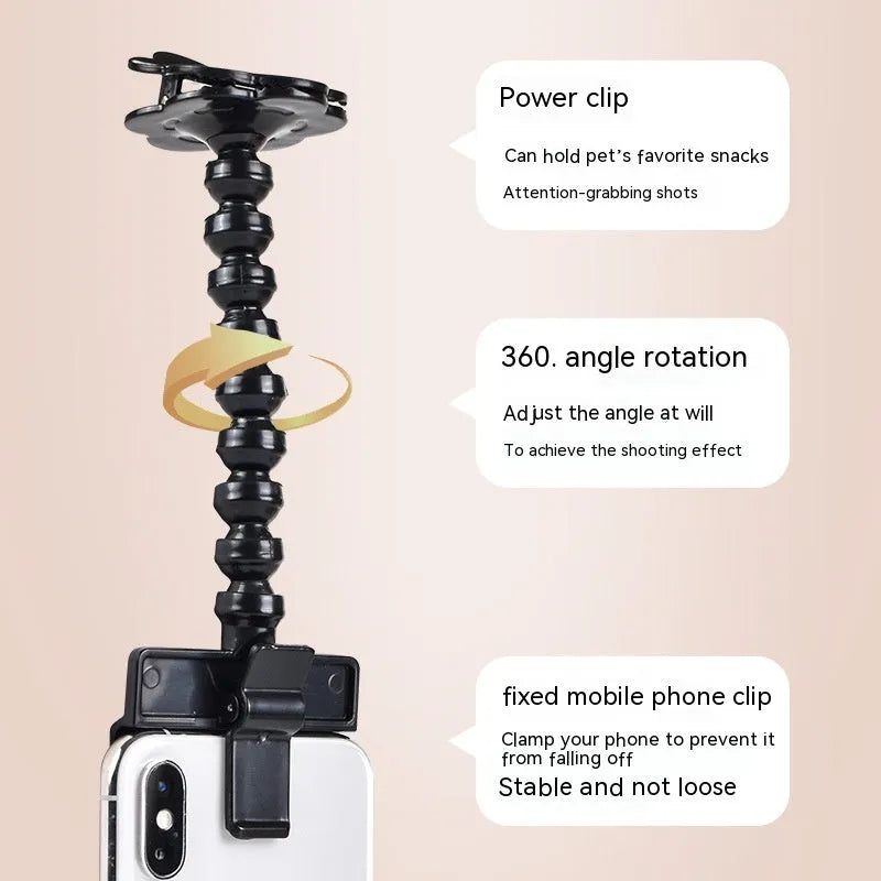 Black pet photography clip with treat holder and phone mount on white background