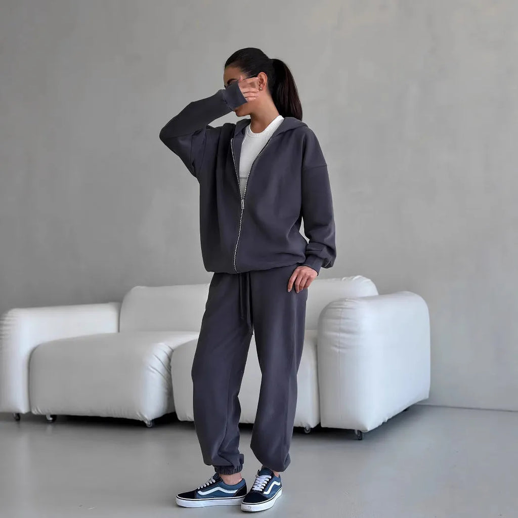 Women's loose-fit grey polyester coat and trousers two-piece set, street style.