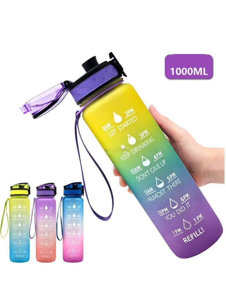 Transparent 1000ml BPA-free Tritan plastic sports bottle with kawaii design, clear body, and cap