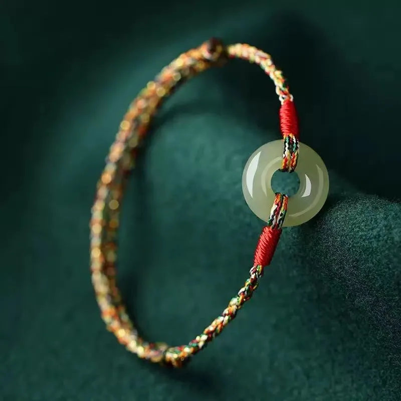 Woven peace buckle colourful rope bracelet on display – unisex natural style handmade accessory