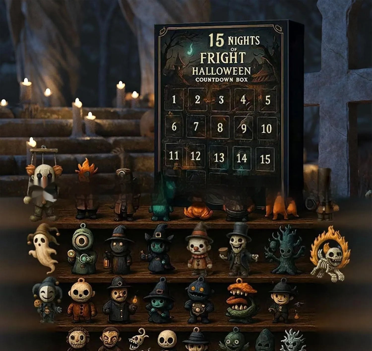 Halloween countdown advent calendar box with blind box compartments containing resin doll collectibles