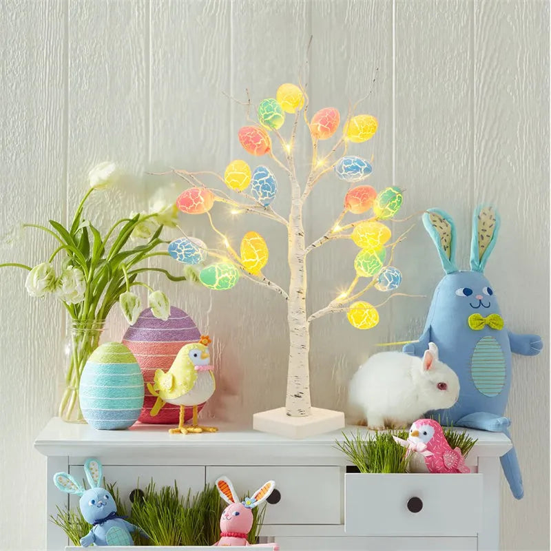 60cm LED birch tree with warm white lights and cracked egg ornaments on a tabletop