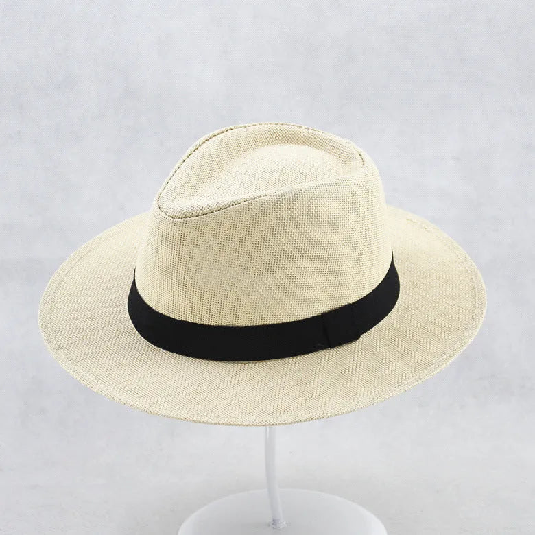 Men's outdoor sun protection wide brim top hat in beige, paper fabric, free size 58cm