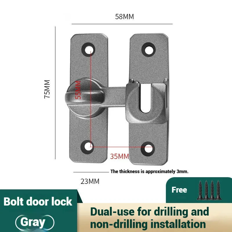 Aluminium alloy punch-free door latch in silver with screws, universal 90/180 degree