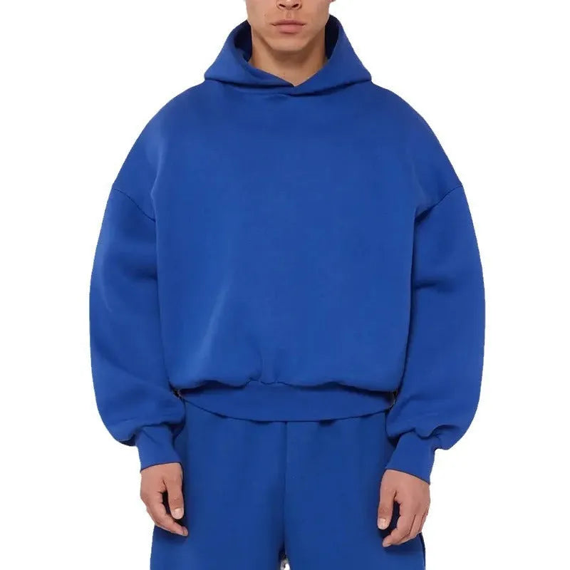 Men's solid colour fleece-lined cotton pullover sweatshirt hoodie with wool lining.
