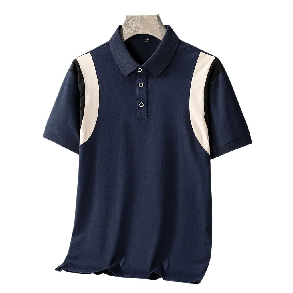 Men's loose fit cotton short-sleeved T-shirt with business lapel collar in a striped pattern.
