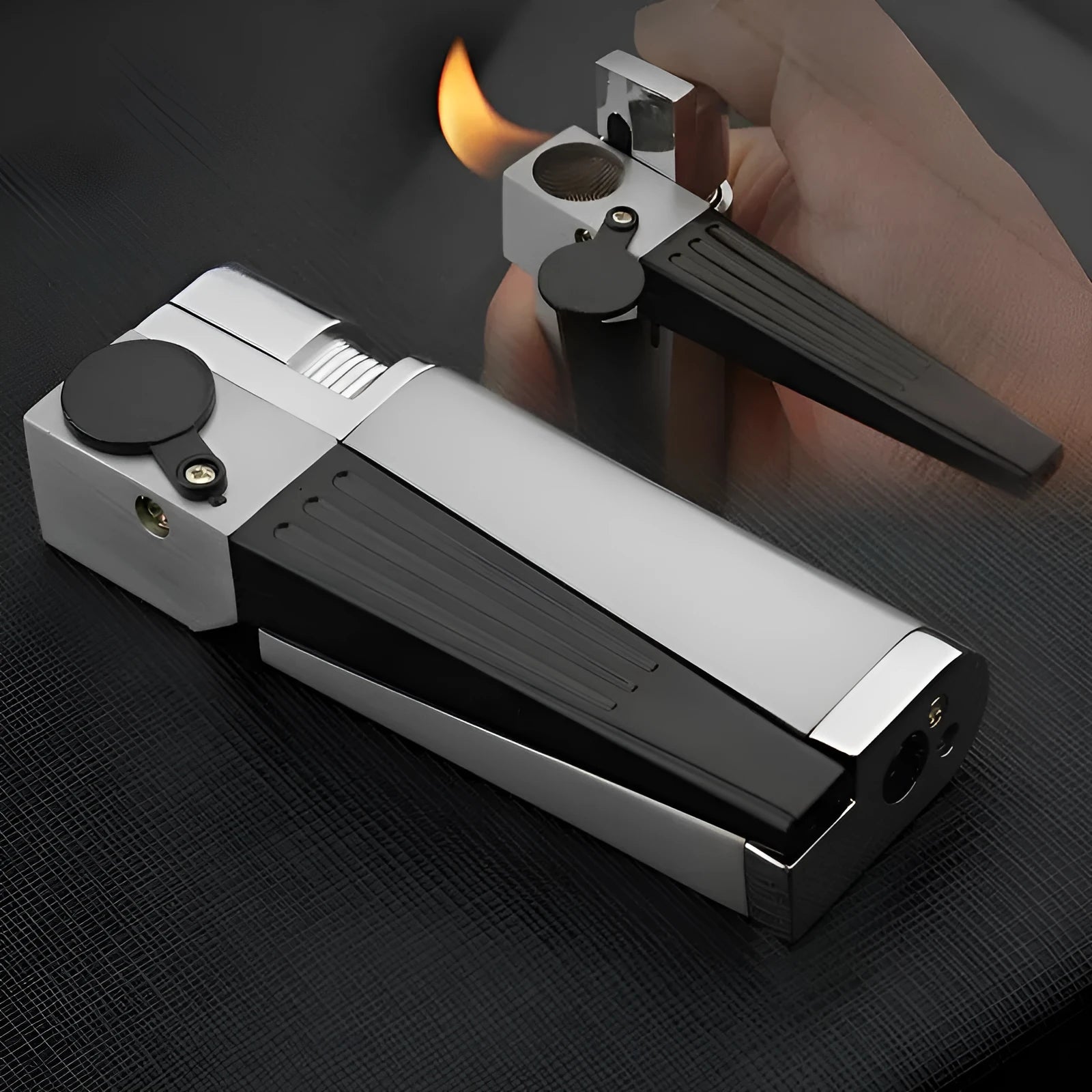Foldable 2-in-1 metal pipe lighter and refillable butane smoking gadget with silver square cover on a dark background