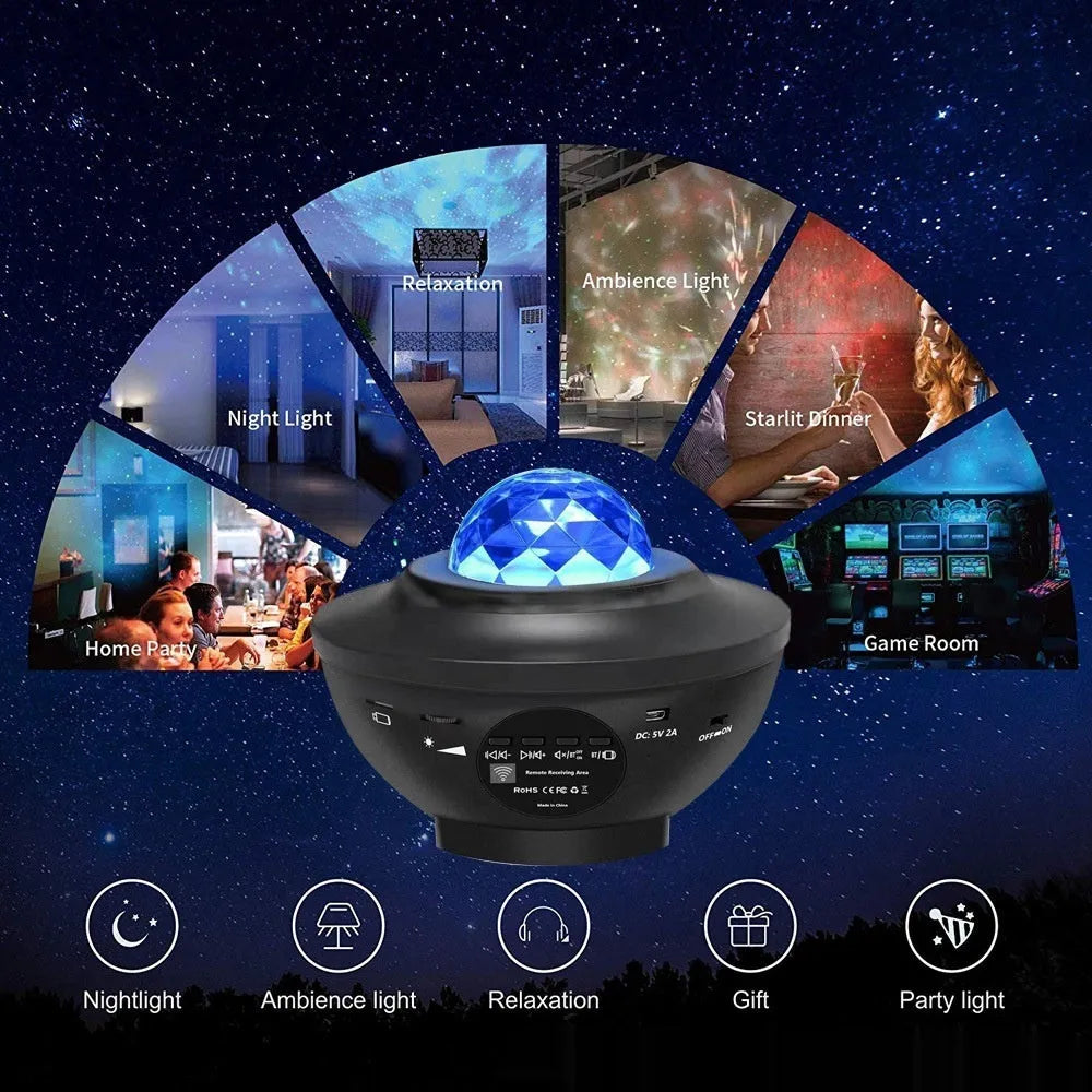 Black desktop starry sky projection lamp with rotating water ripple laser effects and remote control.