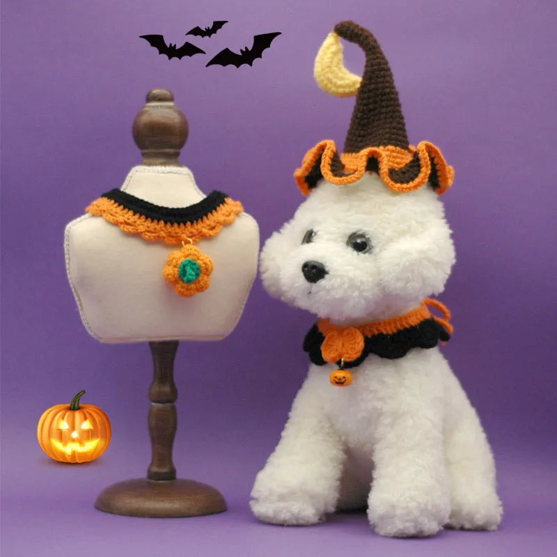 Hand crocheted wool pet collar in Bell Pumpkin style on a cat, adjustable size, Halloween accessory