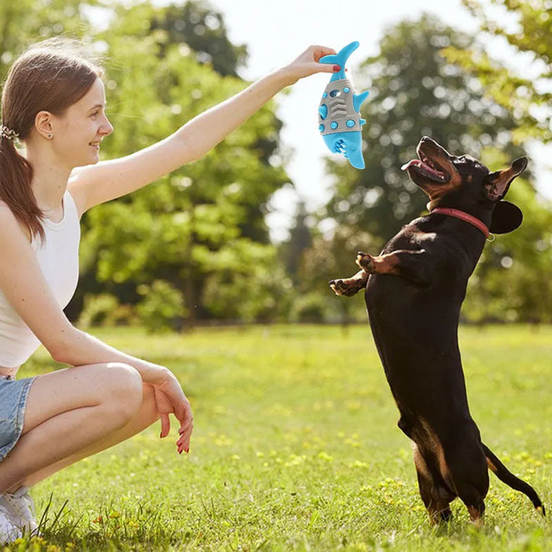 Dog teething leaky toy in blue with shark-tooth texture and bite-resistant material