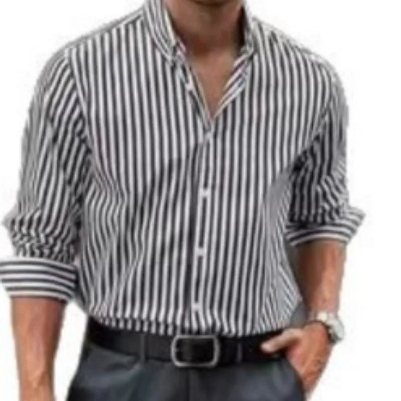 Men's fashion casual holiday button shirt in khaki with long sleeves and striped pattern, loose cardigan style