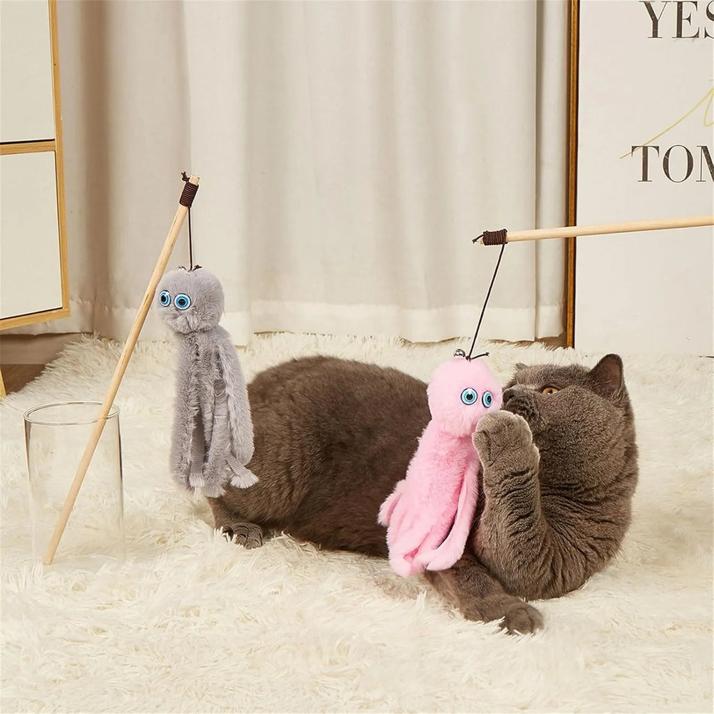 Octopus cat toy with long stick handle in bright colours for indoor kitten play