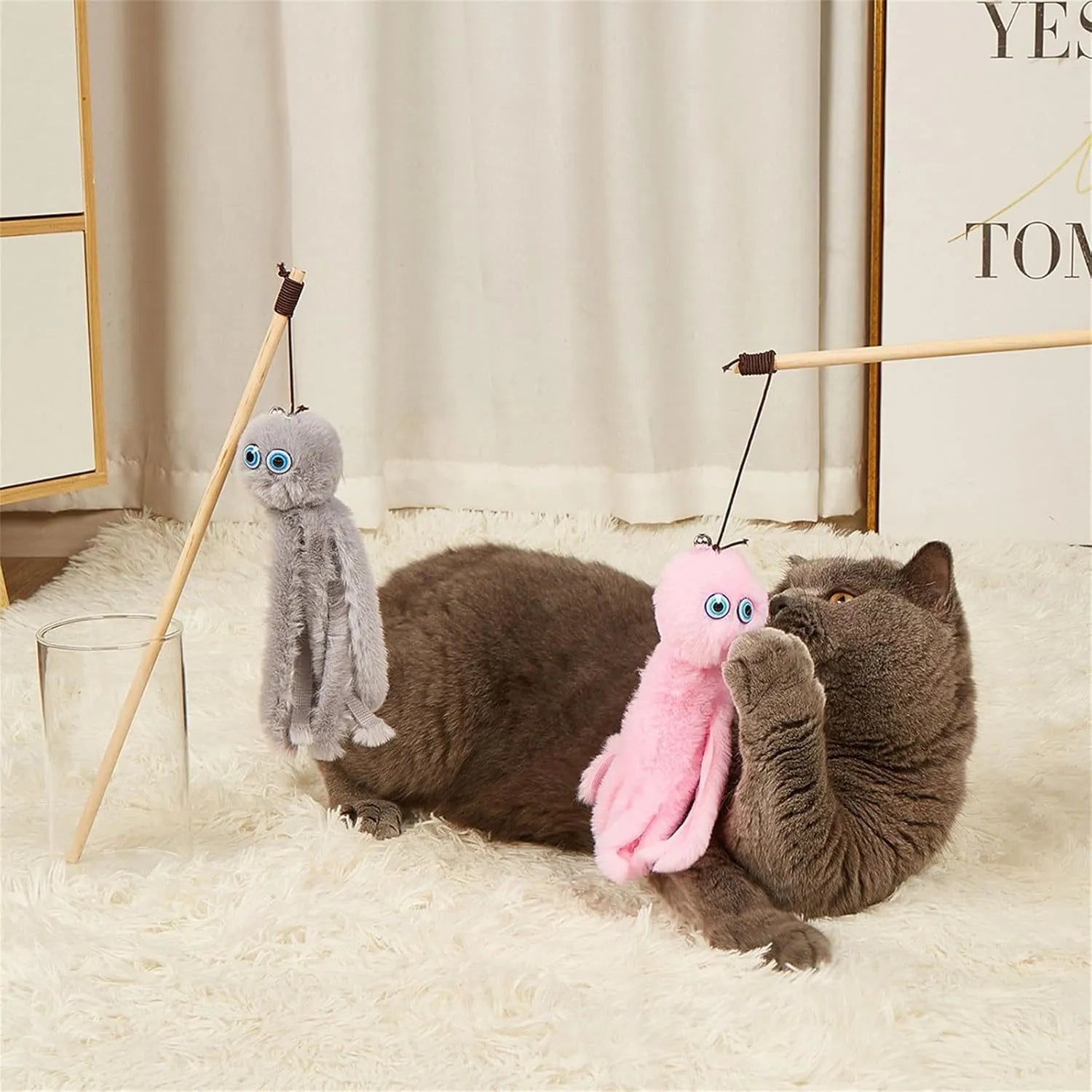 Octopus cat toy with long stick handle in bright colours for indoor kitten play