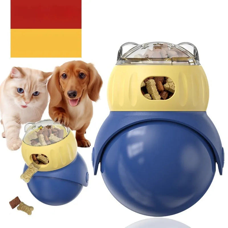 Tumbler owl cat puzzle feeder in morandi yellow and blue colours with rotating food dispenser mechanism