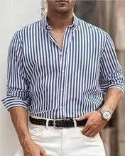Men's fashion casual holiday button shirt in khaki with long sleeves and striped pattern, loose cardigan style