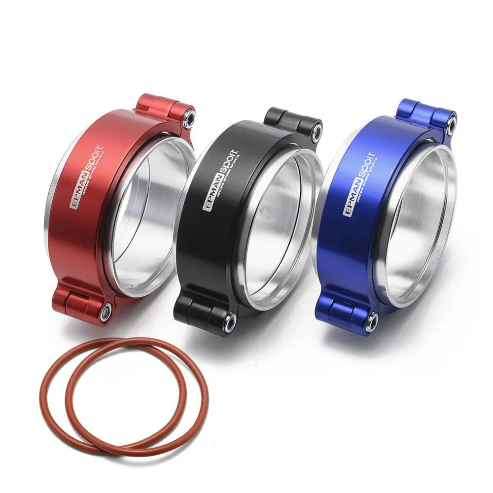 Aluminium fixed movement clamp for car exhaust systems in black, blue or red