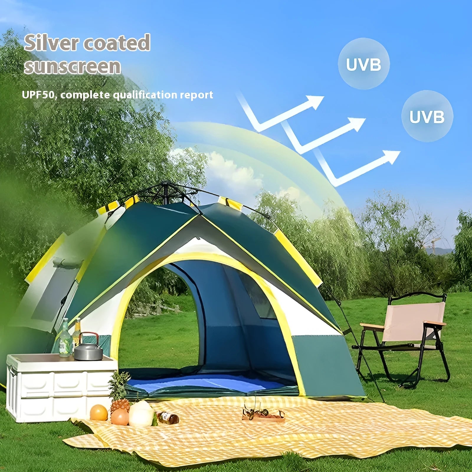 Dark green silver glue automatic quick-open camping tent for 3-4 people, fully pitched showing door and window.
