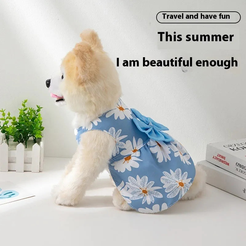 Ultra-thin polyester pet dress with floral butterfly knot design in multiple colour bow options