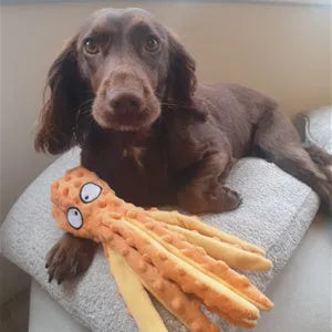 Blue octopus plush dog toy with no stuffing, featuring crinkle paper and squeaker sounds for interactive chew play.