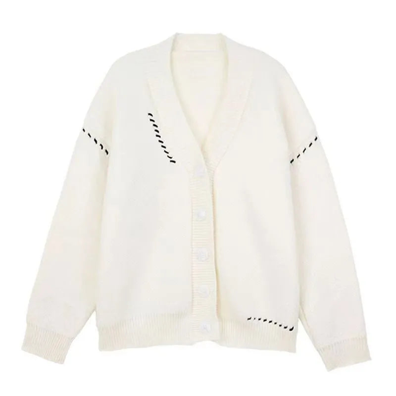 Women's black knitted cardigan top coat with long sleeves and loose fit