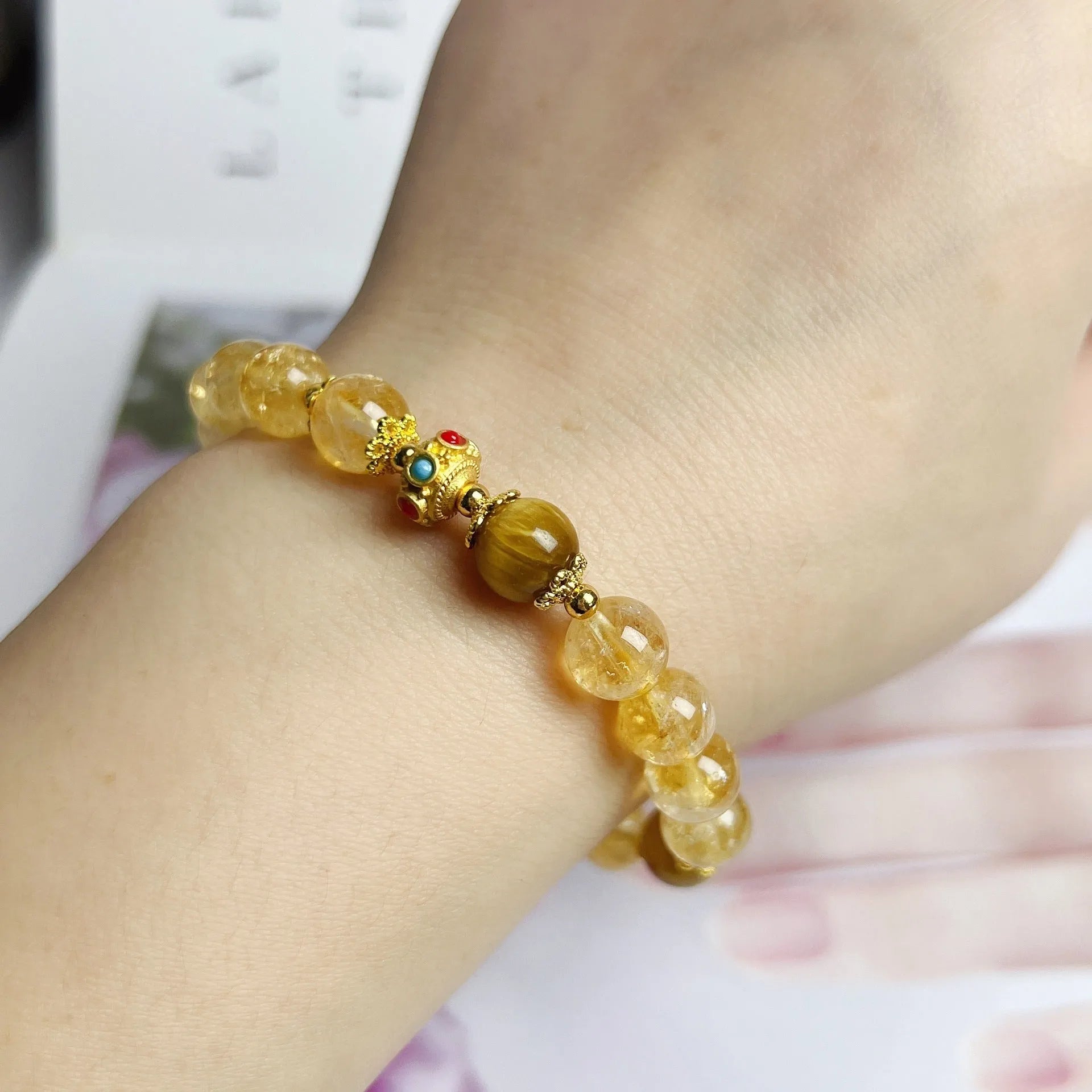 Citrine crystal flower tassel bracelet for women, handmade original design